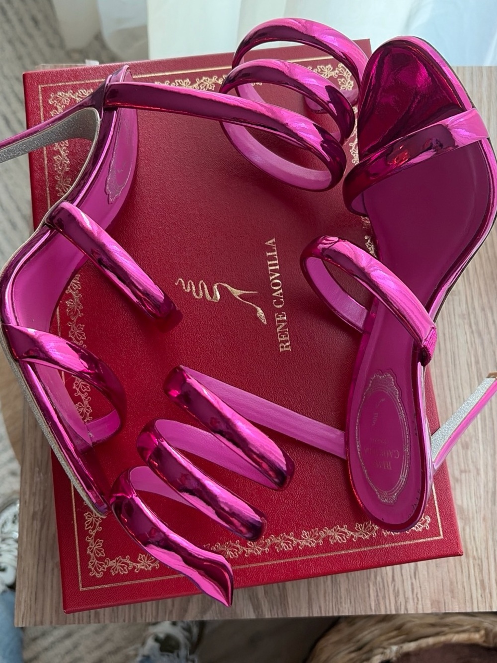 Rene Caovilla Metallic Hot Pink Spiral-Strap Stiletto Sandals - Picture 4 of 5